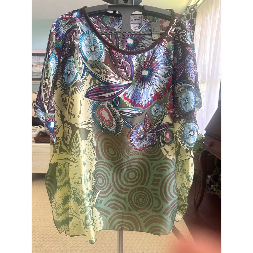 Michael Edwards Scarf Print Poncho Top Floral Geometric Green Purple Size M NWT